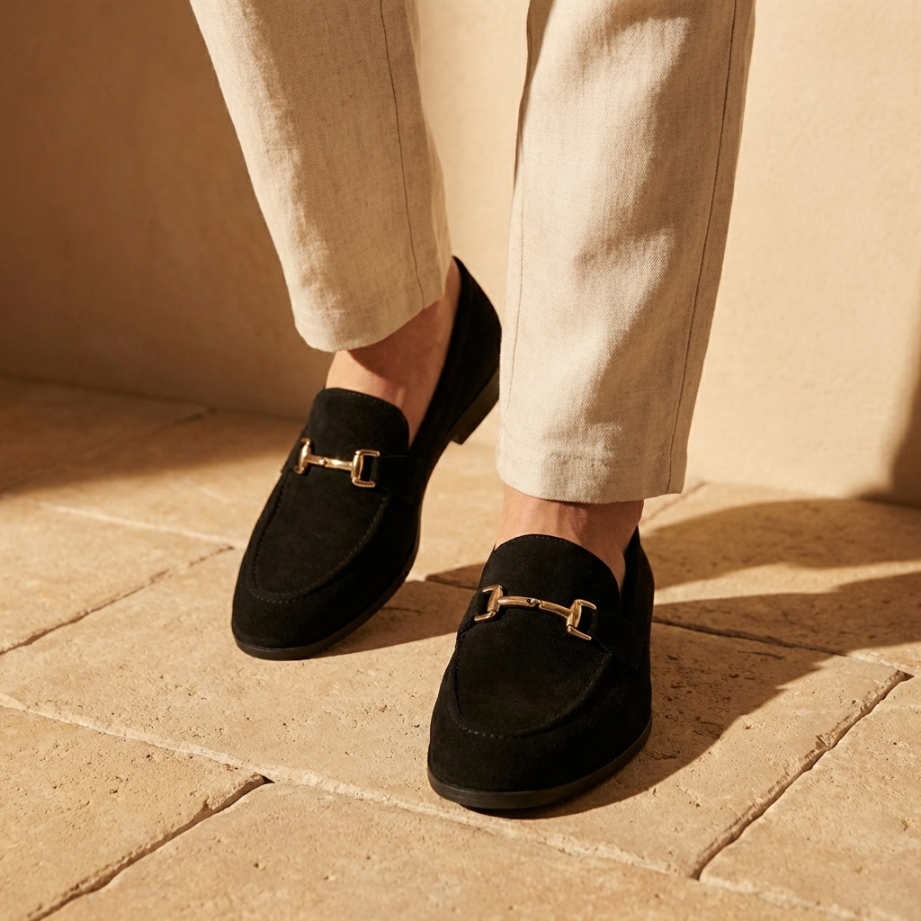 MEN’S LOAFERS | VEGAN SUEDE | BLACK | GOLD DETAIL SLIP-ON