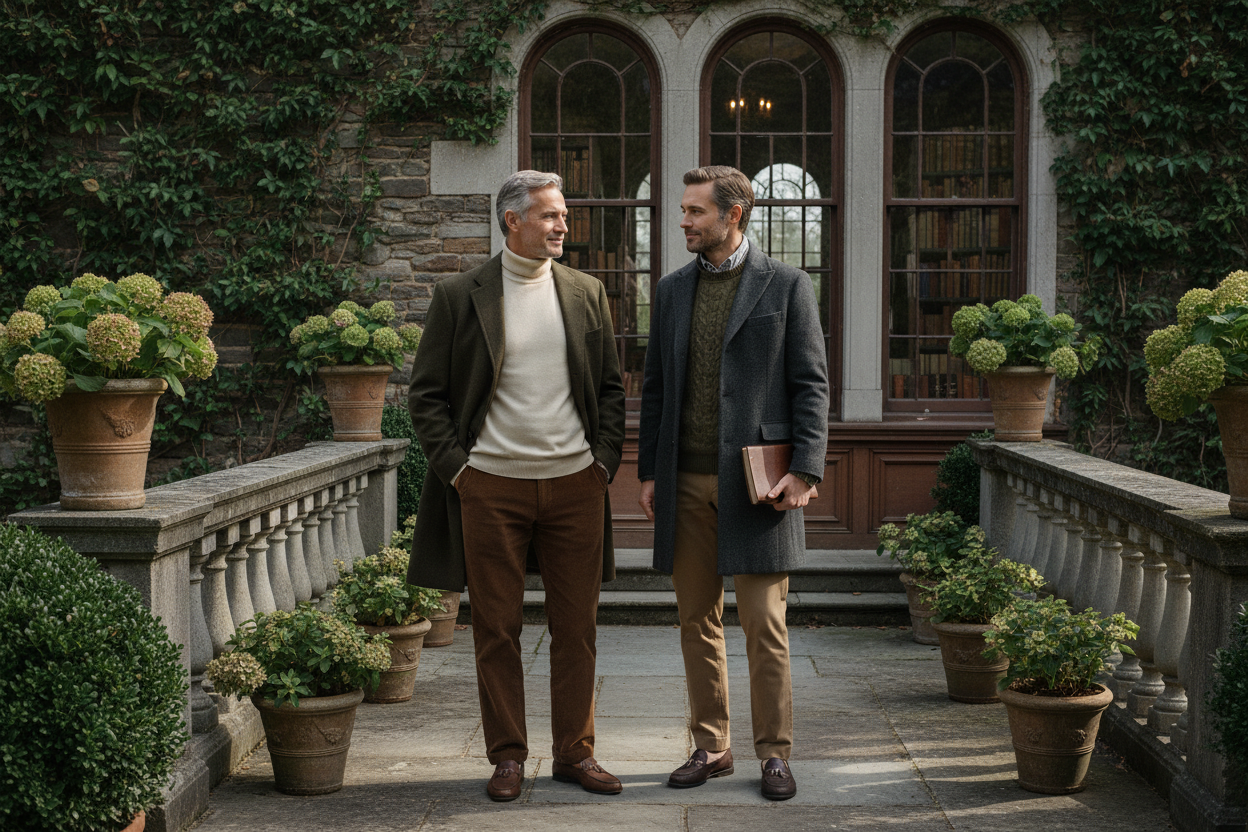 Ultra-realistic old money menswear photoshoot featuring one or two American men aged 35–60, with natural mature features and confident posture. Set in an East Coast estate or country club environment with dark ivy green, olive, and warm stone tones matching the brand’s main green palette. The men wear classic tailored coats, knitwear, and trousers in muted greens, browns, and neutrals, styled effortlessly rather than trendy. Soft natural daylight, subtle shadows, refined composition, no AI look, no glamour